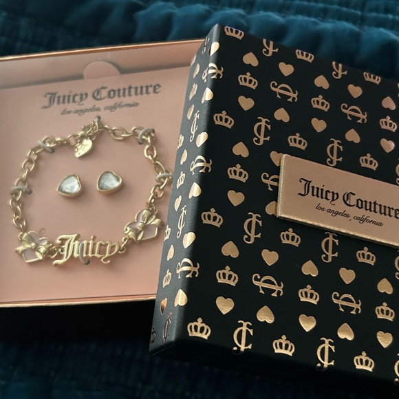 Juicy Couture Jewelry - Juicy Couture Gold-Tone Logo Bracelet with Clear Heart Studs